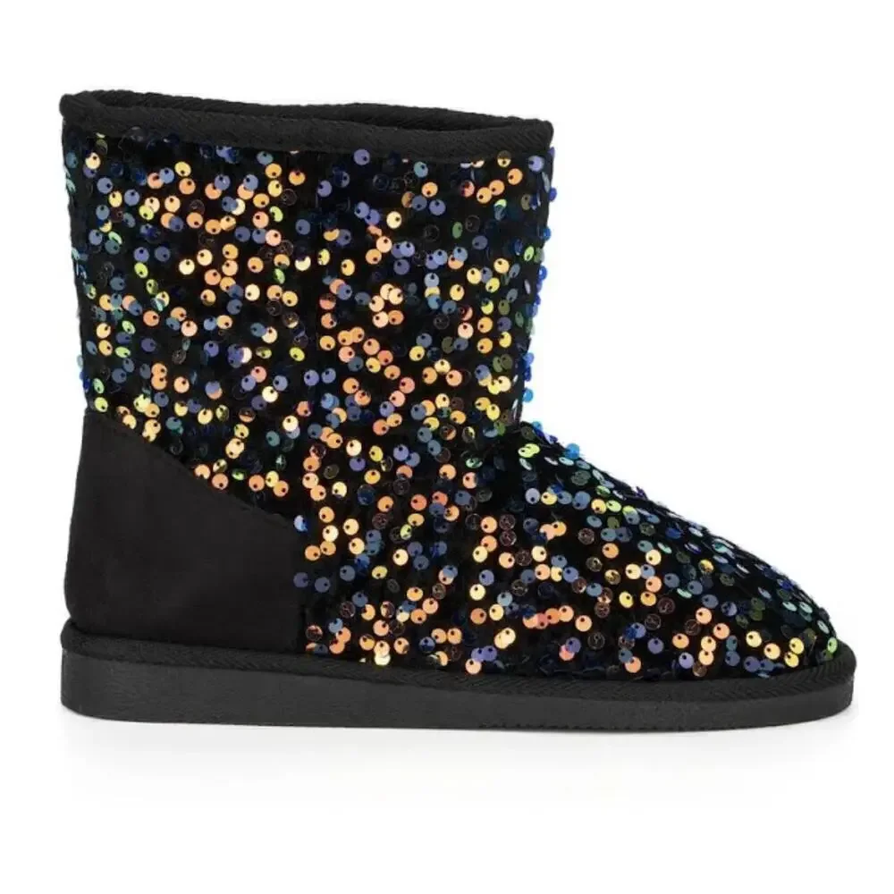 New! Olivia Miller Women's Sparkle Flip Sequin Sherpa Lined Boots - Picture 3 of 7